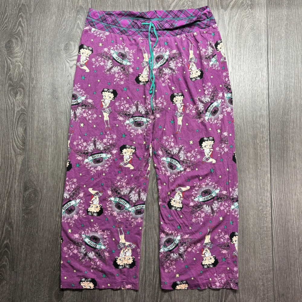 Betty Boop Vintage Y2K Purple Plaid Waist Cotton Pajama Pants Womens Large